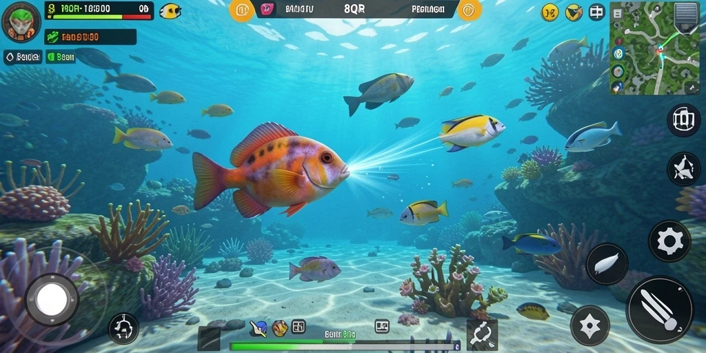Screenshot gameplay 8QR yang mendebarkan saat menangkap ikan.