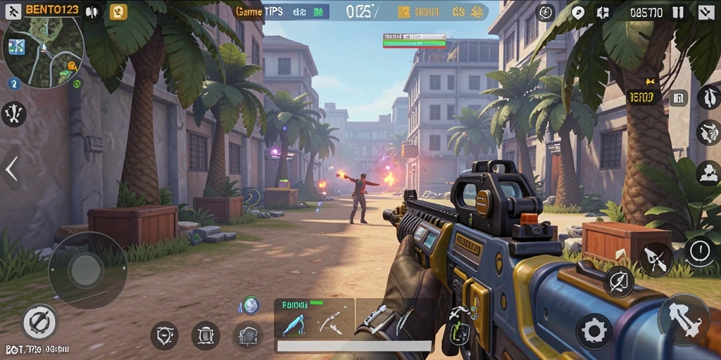 Screenshot gameplay BENTO123 dengan aksi menegangkan dalam pertempuran TPS.
