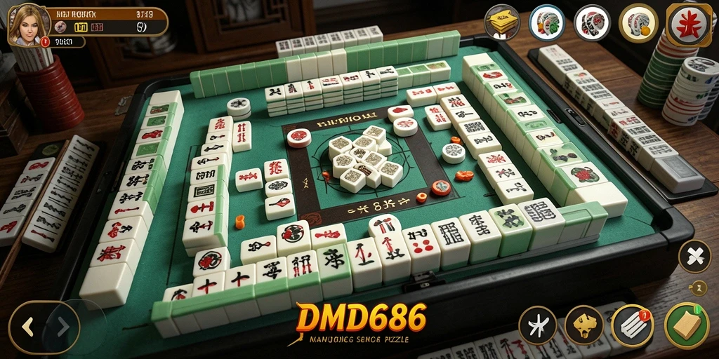 Screenshot DMD686 menunjukkan gameplay Mahjong yang seru dan interaktif.