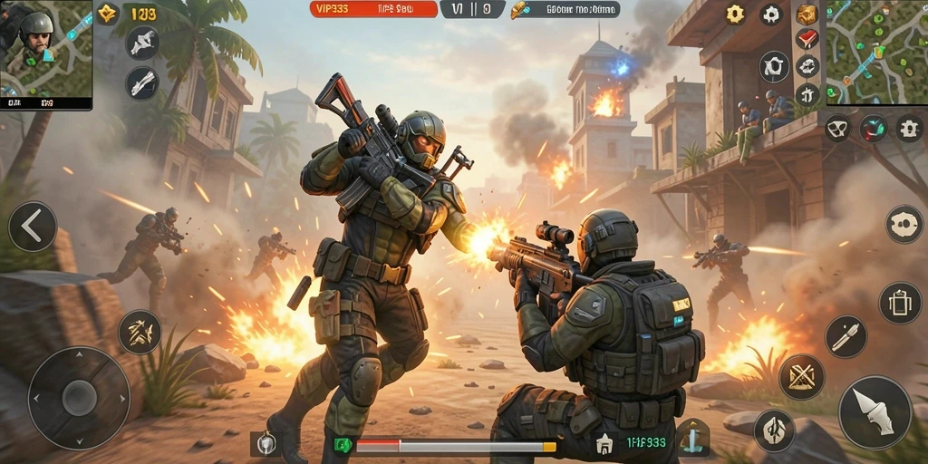 Tampilan gameplay VIP333 dengan aksi tembak-menembak intens.